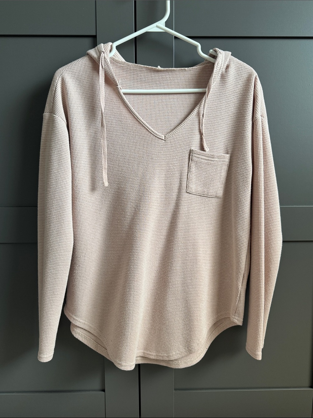 SHEIN Blush Pink Waffle Knit V-Neck Hoodie with Chest Pocket - Size Medium